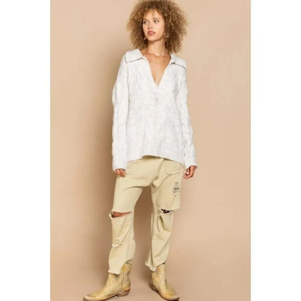 POL Clothing Light Taupe Cream Color Cardigan Oversized Cable Sweater FST312